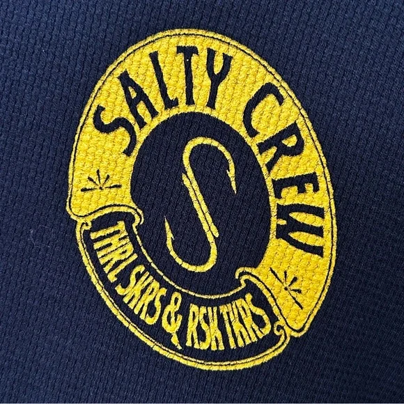 Salty Crew Men’s Size Large Waffleknit Navy Sweatshirt Thermal Yellow Logo - Picture 4 of 10